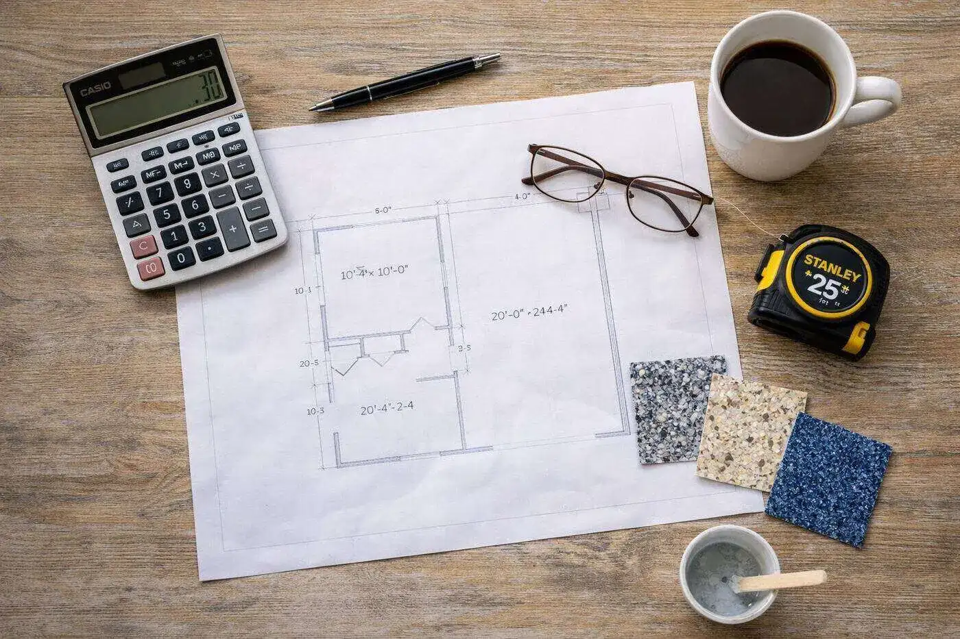 Garage floor plan on a workbench with a calculator, tape measure and three flake color samples