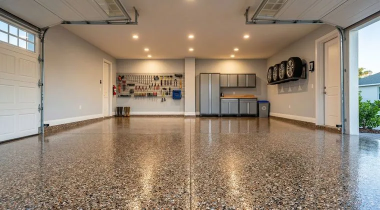 Decorative flake epoxy garage floor