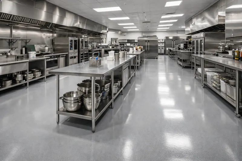 Commercial kitchen seamless epoxy floor