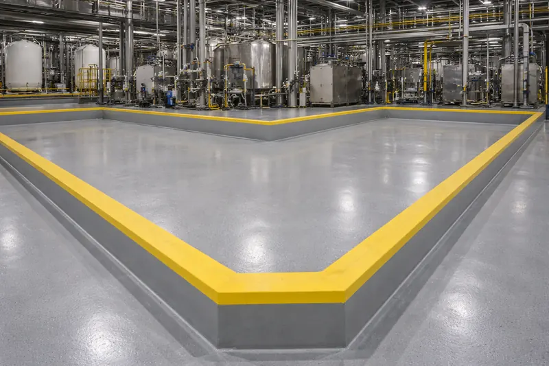 Secondary containment area with chemical-resistant floor coating
