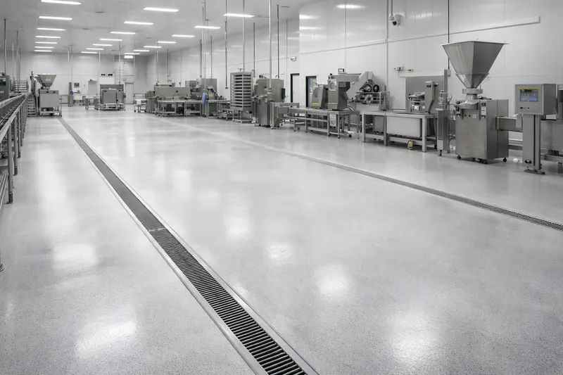 Food processing plant floor with drainage channel