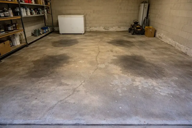 Bare concrete garage floor before epoxy coating
