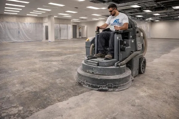 Crew member driving a ride-on diamond grinder across bare concrete in an empty commercial space