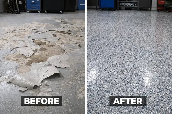 Before and after garage repair by the Ascent Epoxy team