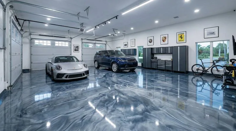 2-car garage blue-gray metallic epoxy floor by the Ascent Epoxy team