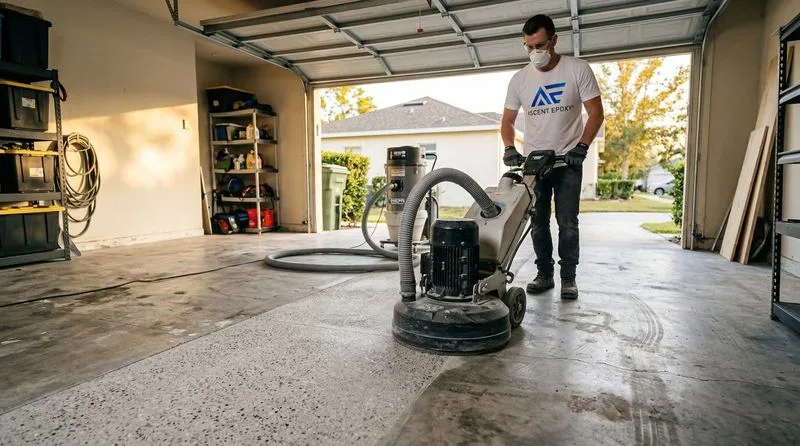 Crew member diamond-grinding a garage slab before coating, by the Ascent Epoxy team