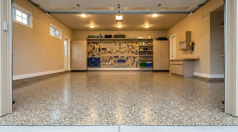 3-car garage flake epoxy floor by the Ascent Epoxy team