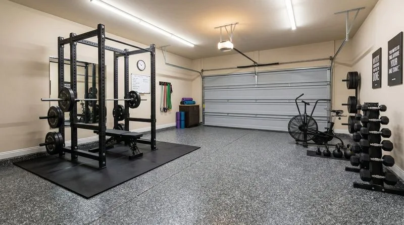 Garage gym charcoal flake epoxy floor by the Ascent Epoxy team