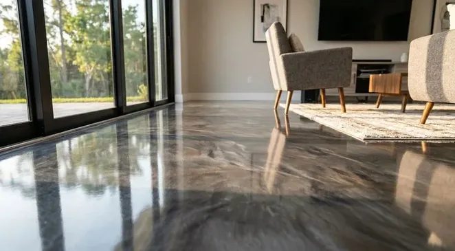 Living room gray metallic epoxy floor by the Ascent Epoxy team