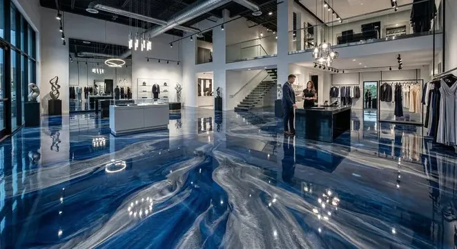 Clothing boutique blue metallic epoxy floor by the Ascent Epoxy team