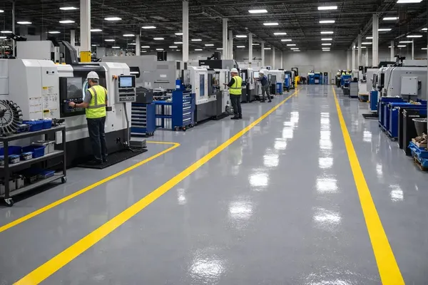 Manufacturing facility safety marked epoxy floor by the Ascent Epoxy team