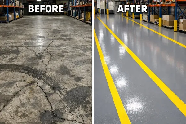 Warehouse before and after epoxy floor by the Ascent Epoxy team