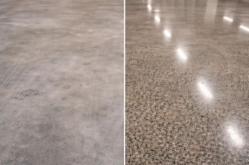 Polished concrete before and after — raw concrete vs high-gloss finish