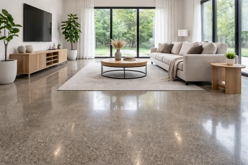 Polished concrete residential living room floor by the Ascent Epoxy team