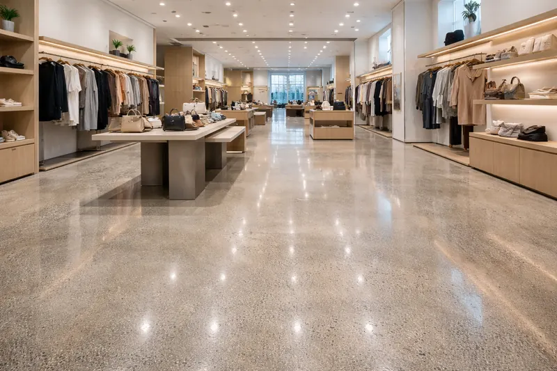 Polished concrete retail showroom floor by the Ascent Epoxy team