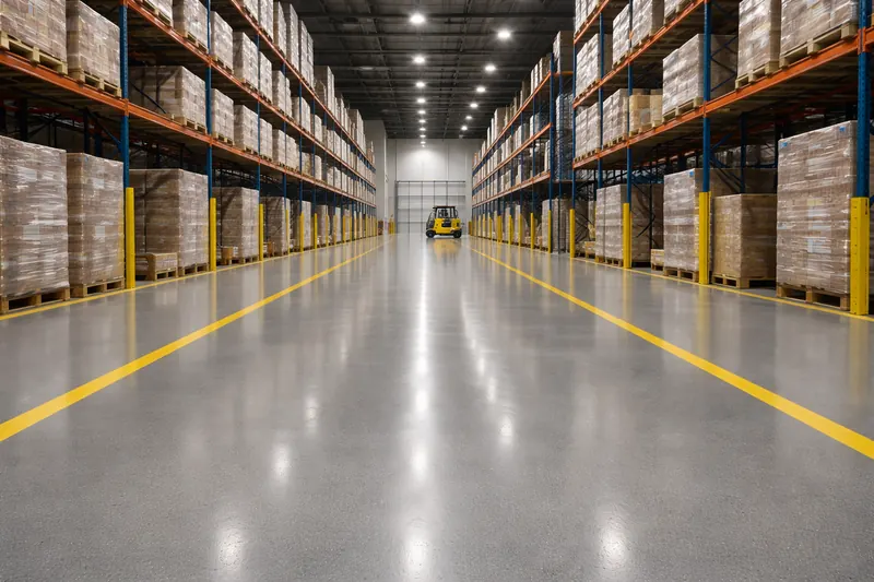 Warehouse epoxy floor with yellow safety line markings